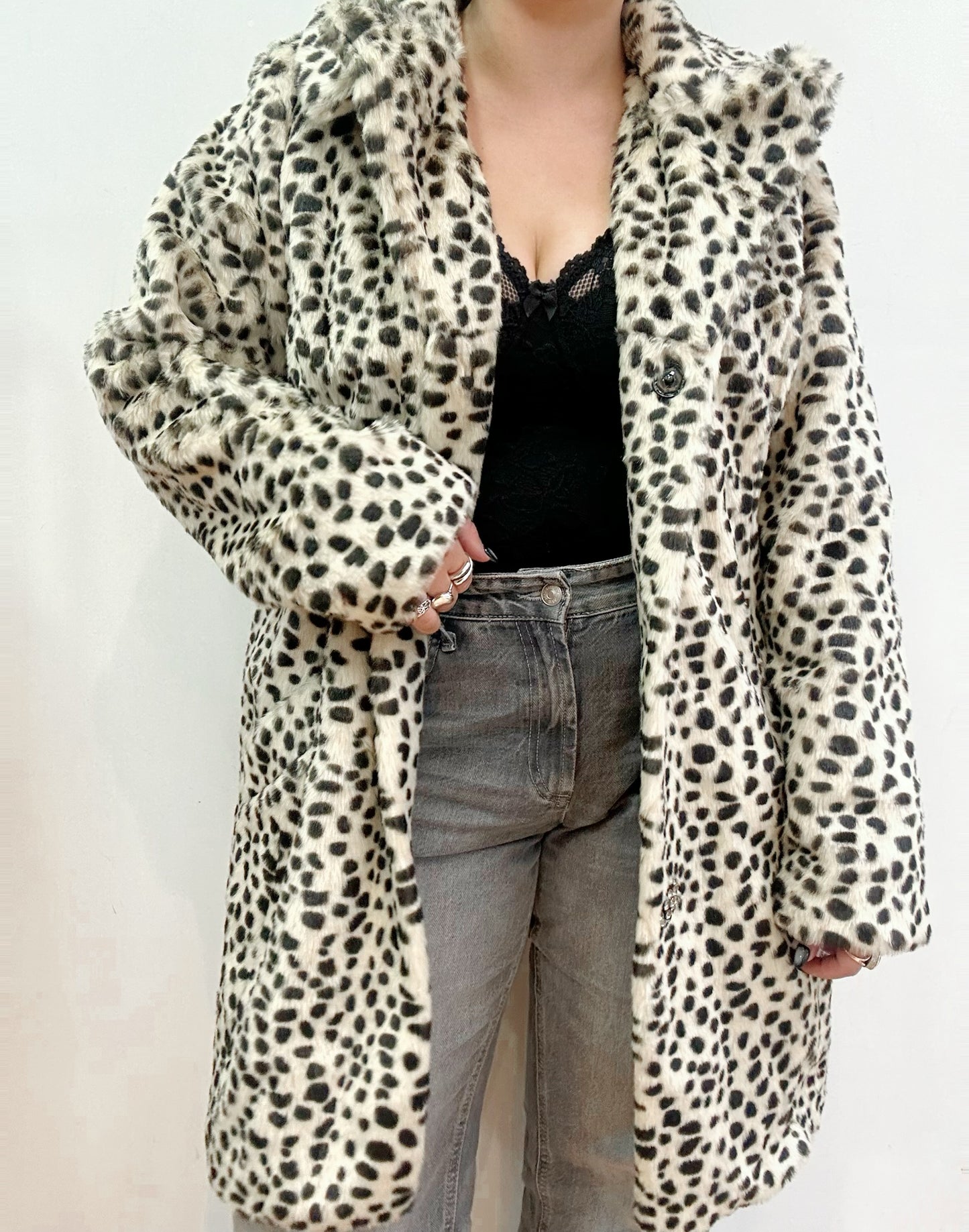 White leopard faux fur coat