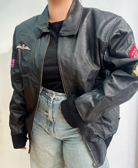 Black leather bomber jacket