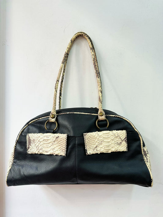 Big vintage leather bag with snake skin pockets and handle