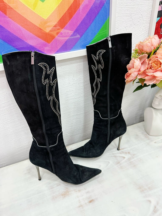 Suede boots with rhinestone details