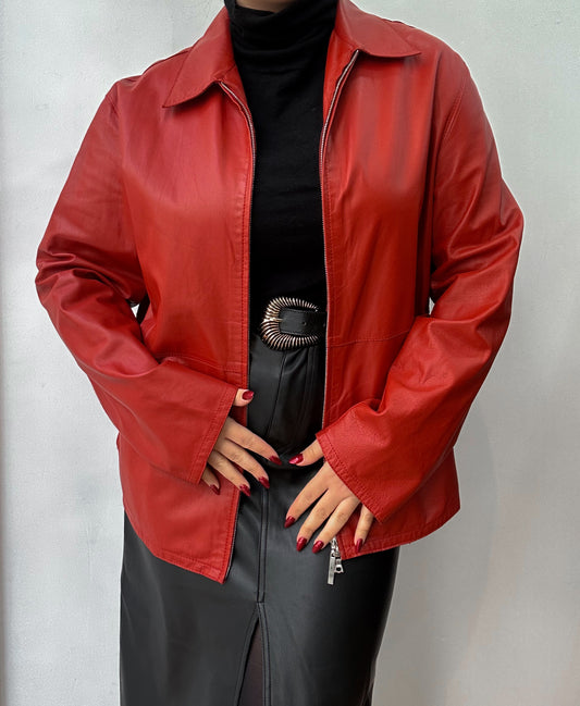 Red zip up leather jacket