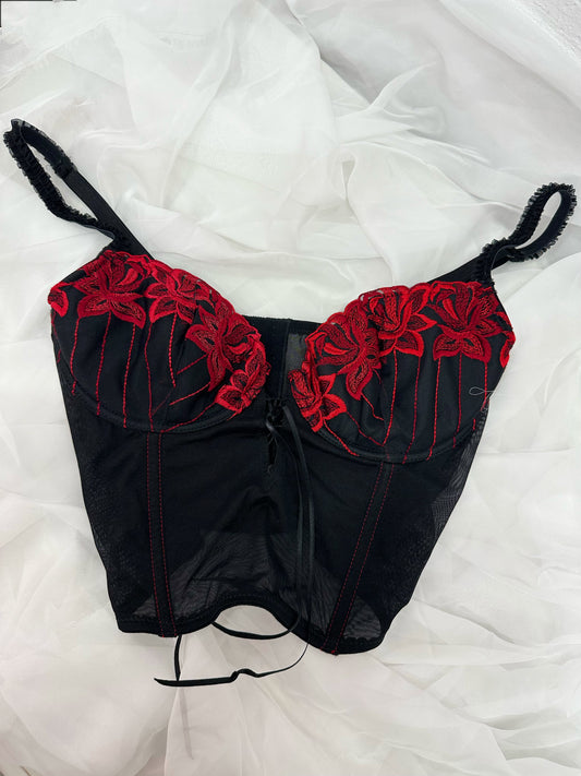 Black corset with red flower embroidery