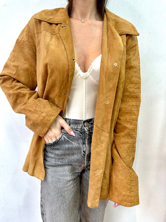 Suede jacket with snake print sleeves