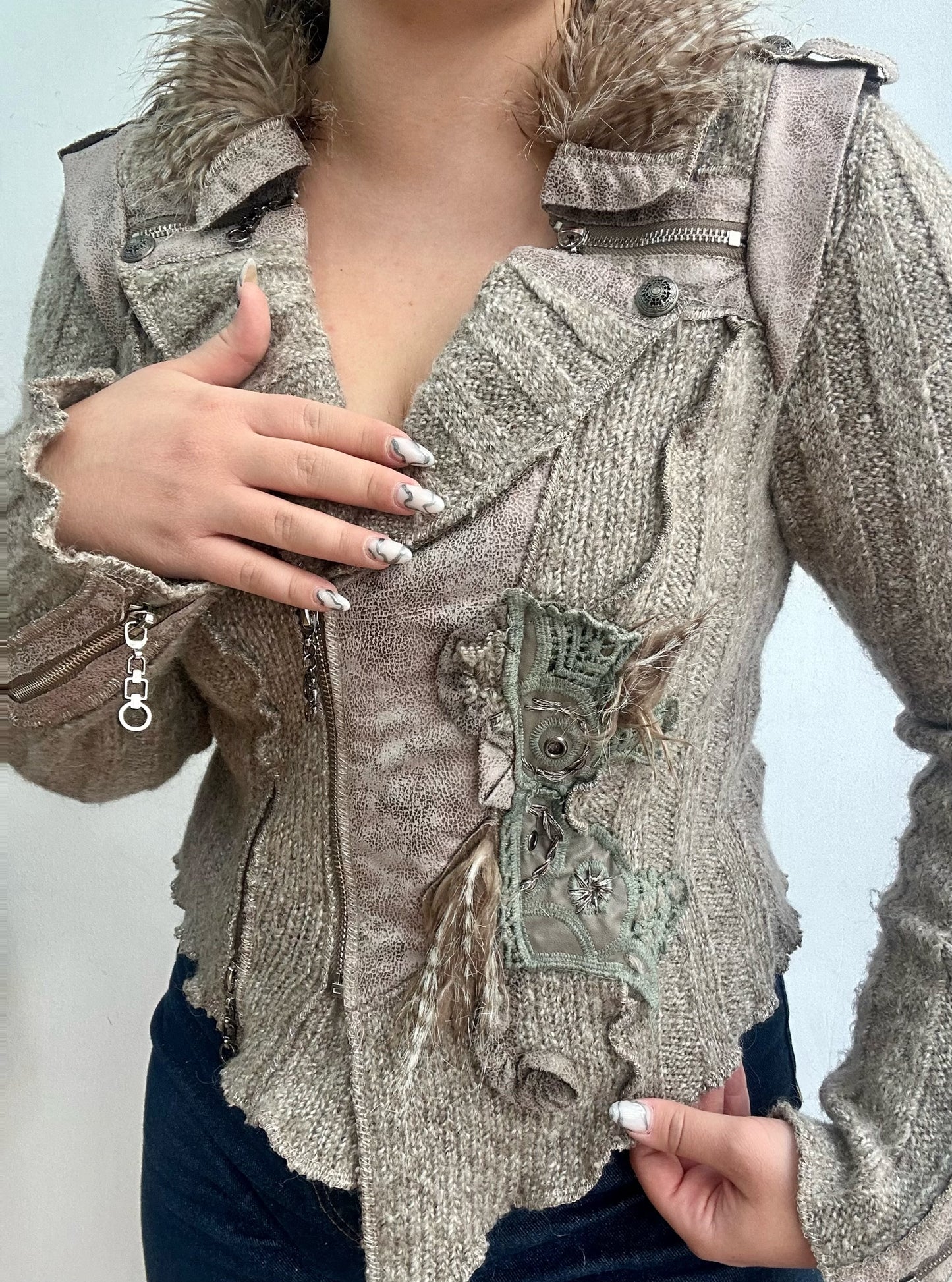 Woolen cardigan with silver & patchwork details