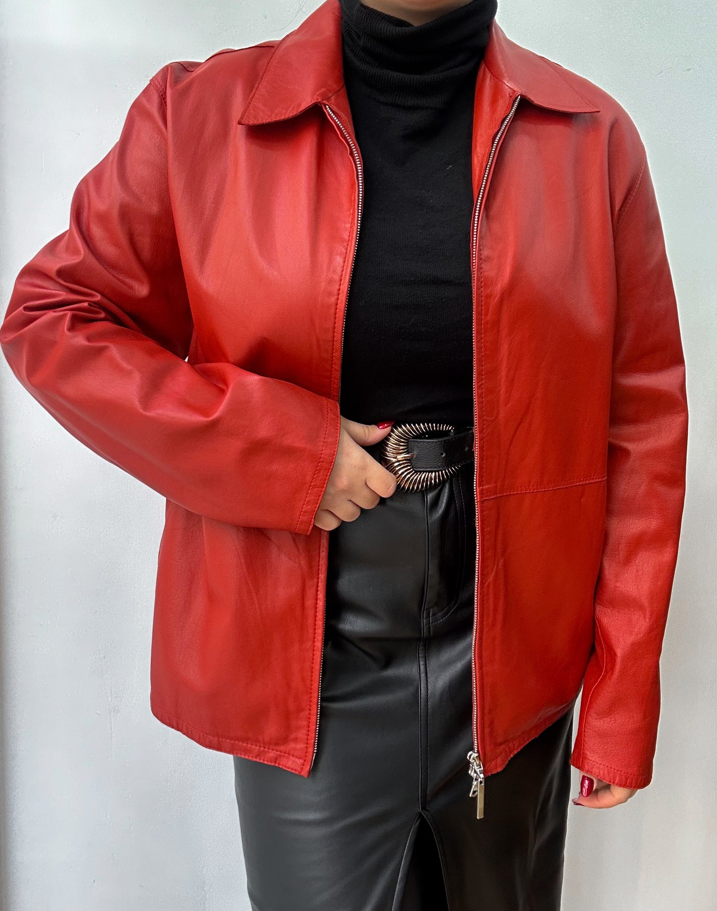 Red zip up leather jacket