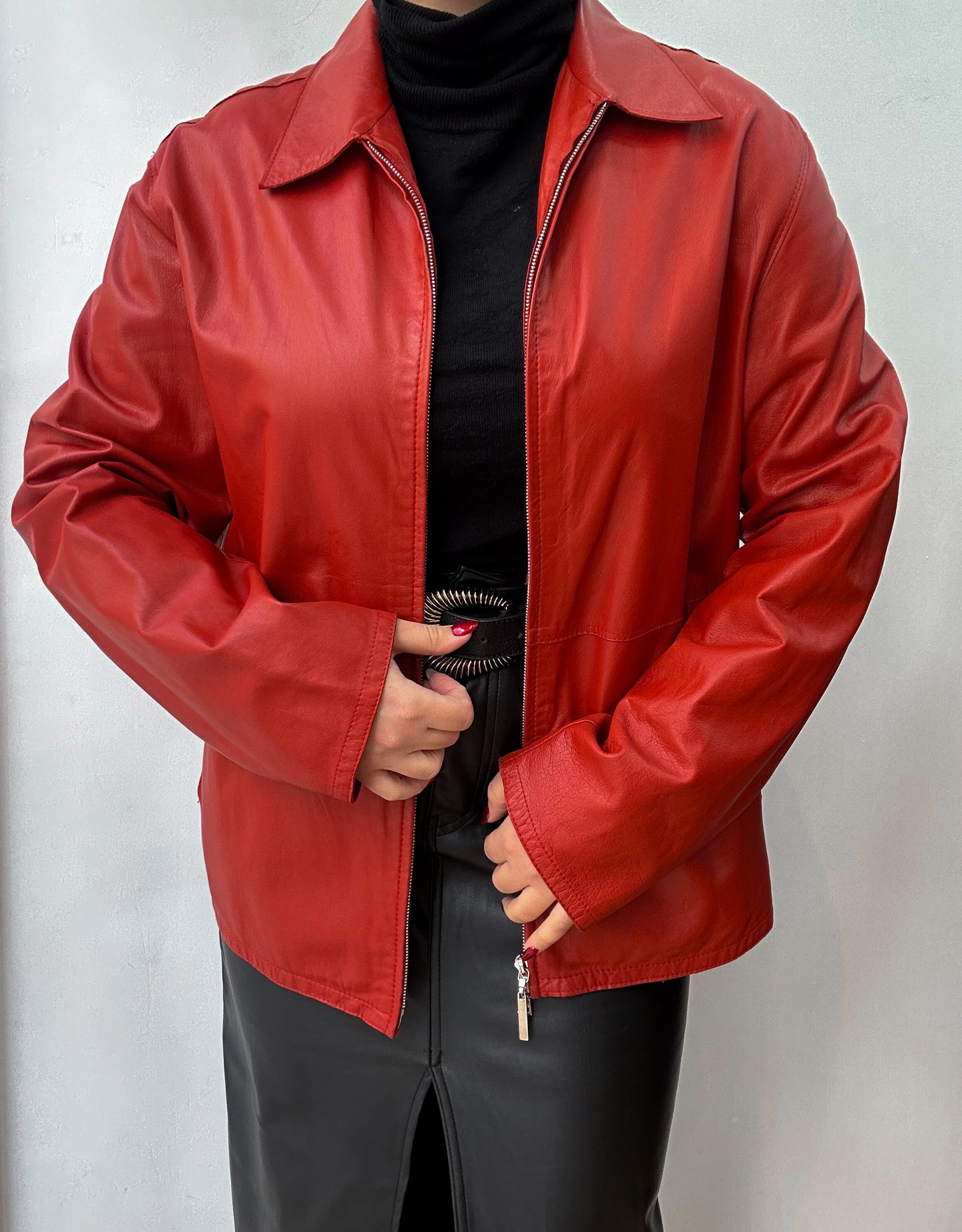 Red zip up leather jacket