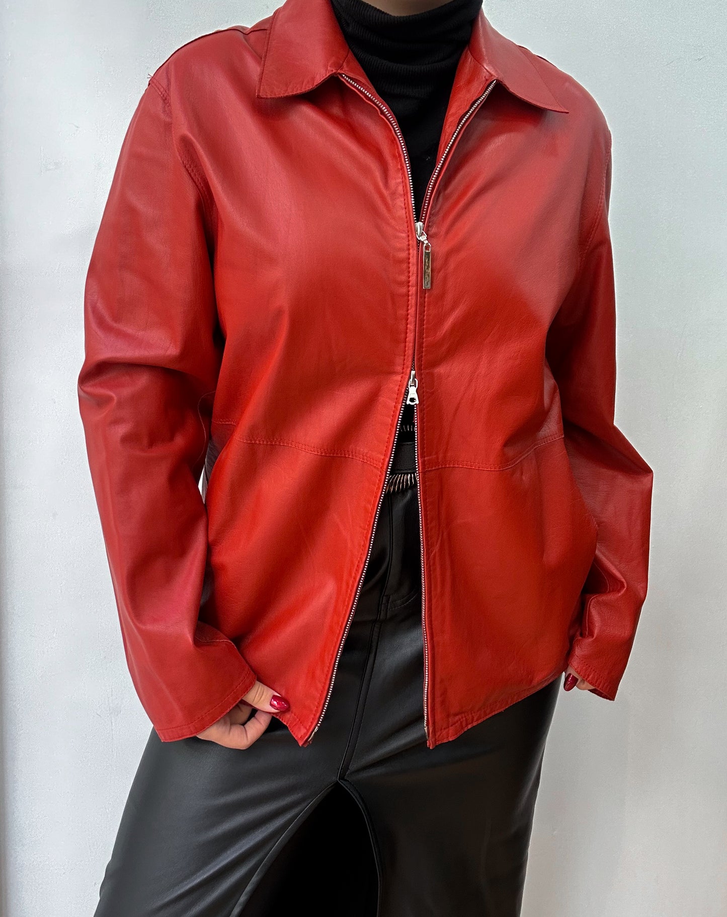 Red zip up leather jacket