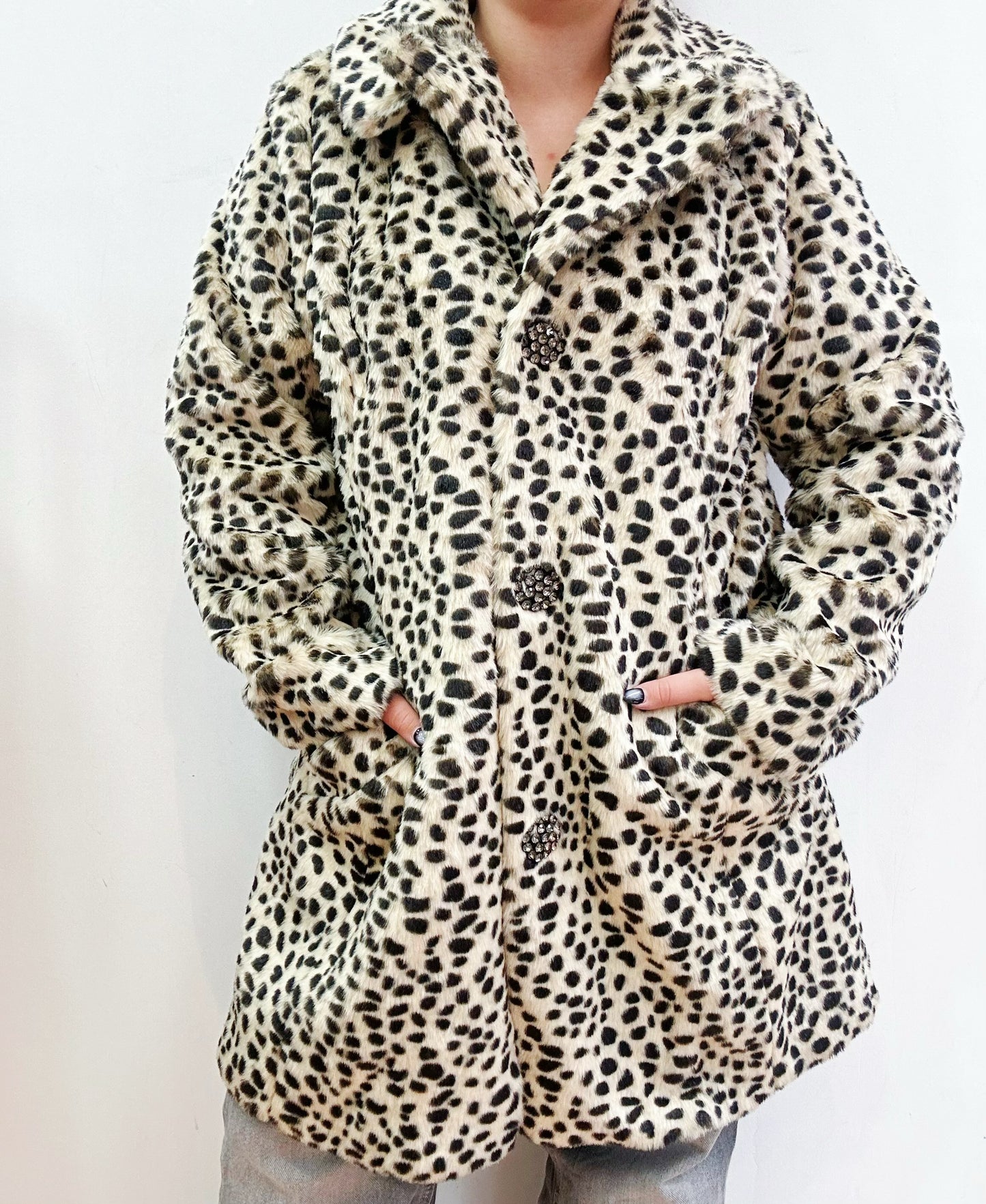 White leopard faux fur coat