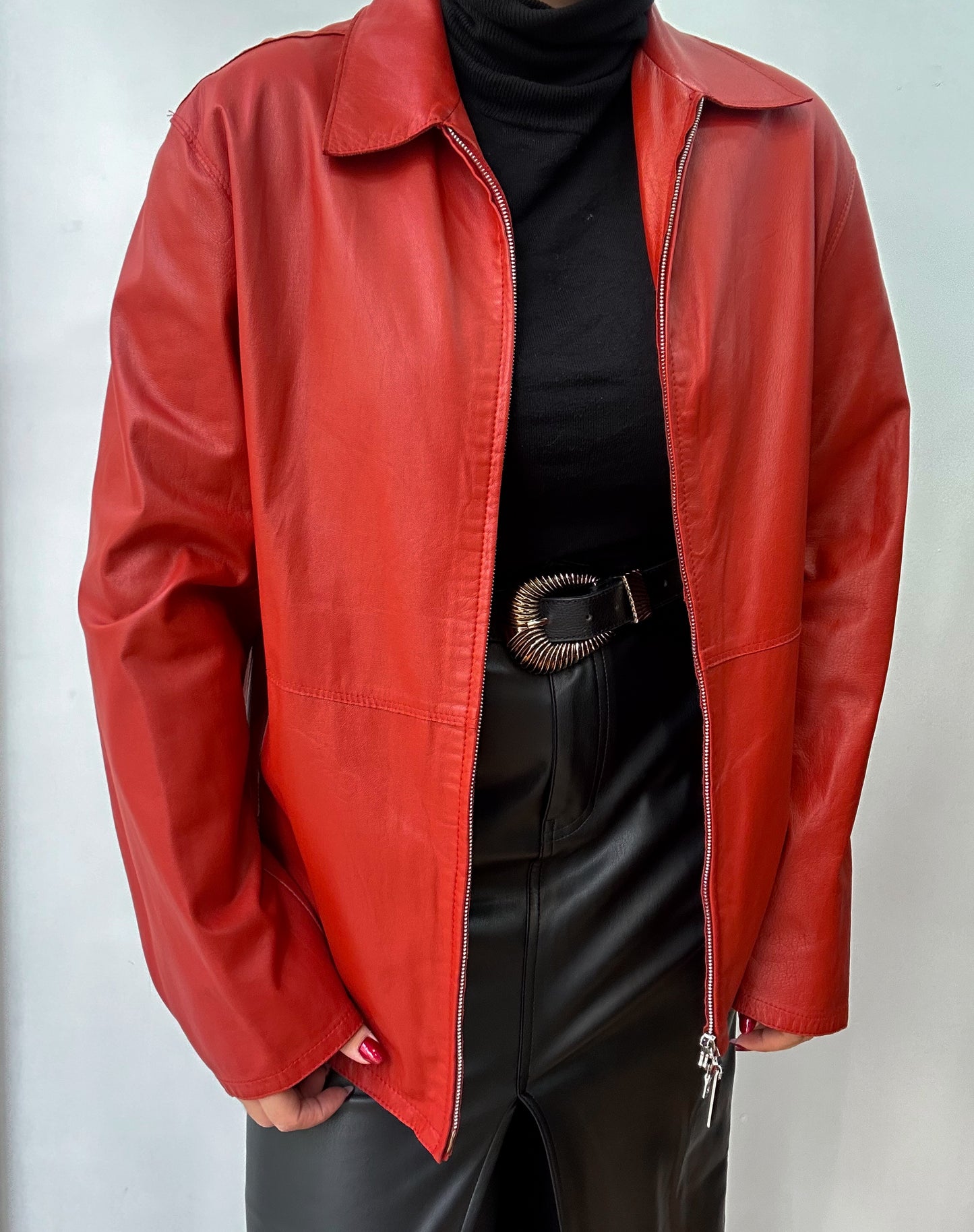 Red zip up leather jacket