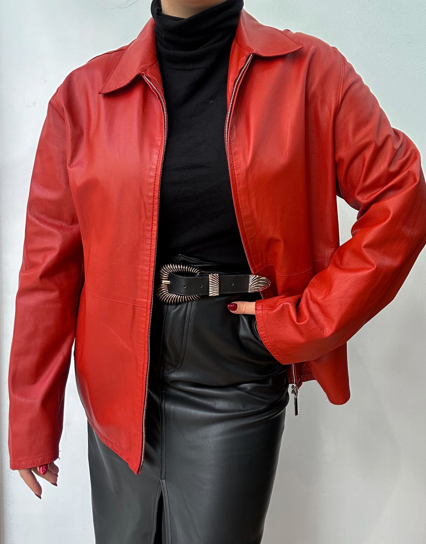 Red zip up leather jacket